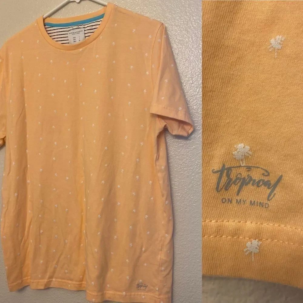 Denim & Flower Ricky Singh orange peach palm tree graphic T-shirt unisex crew L